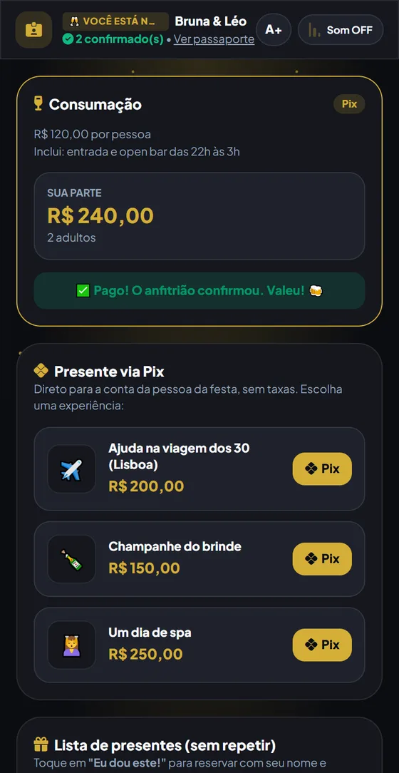 Consumação de R$ 120 por pessoa com a parte do convite paga, e presentes via Pix em experiências