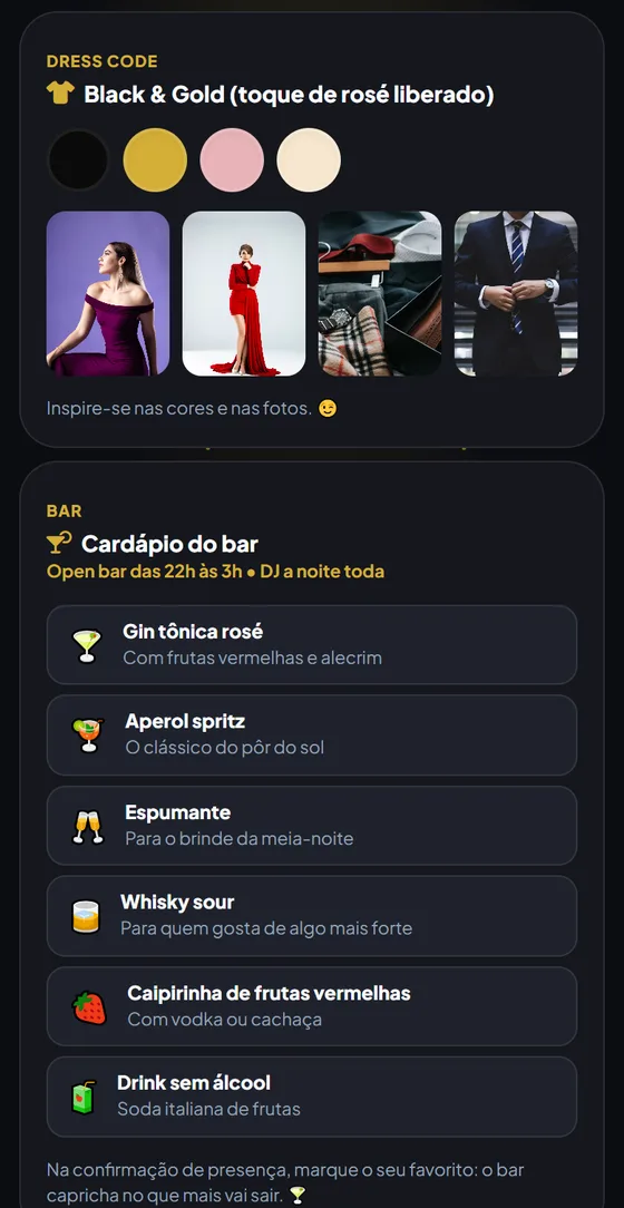 Dress code Black and Gold com cores e fotos de referência, e cardápio do bar com seis drinks