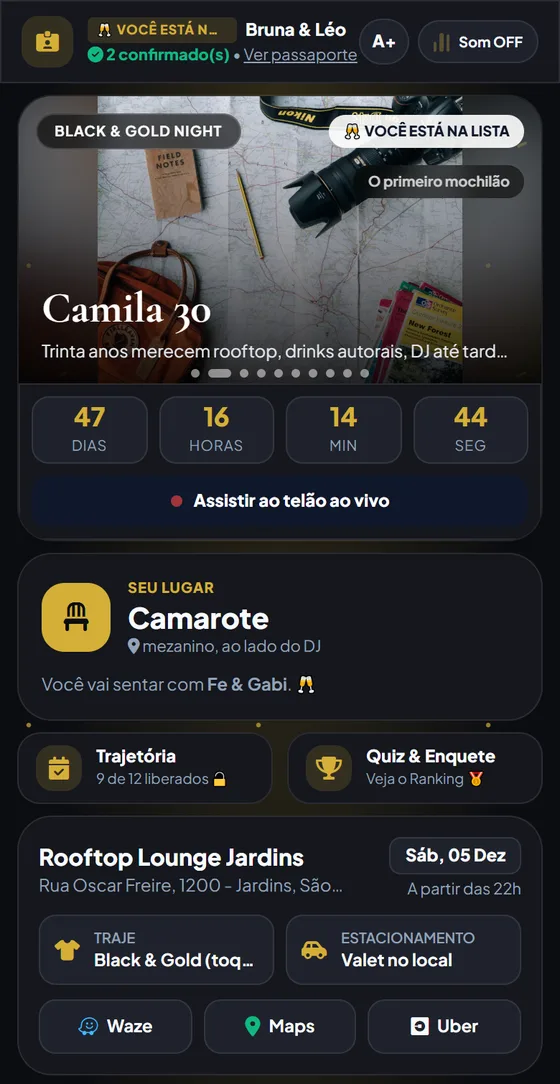 Convite Camila 30 aberto no celular: contagem regressiva, seu lugar no Camarote, trajetória, quiz, local no rooftop, traje e rotas