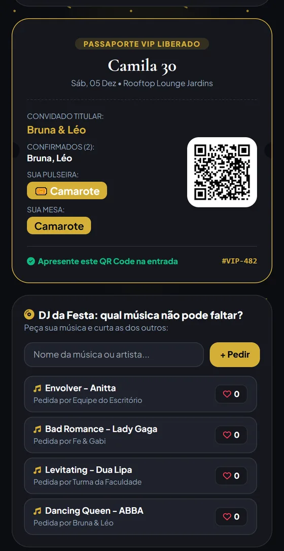 Passaporte VIP liberado com QR Code, pulseira Camarote, mesa e pedidos de música para o DJ
