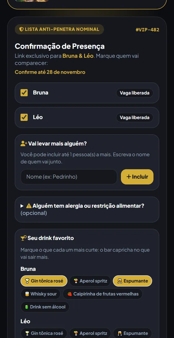 Confirmação de presença por nome, acompanhante, alergias e o drink favorito de cada pessoa
