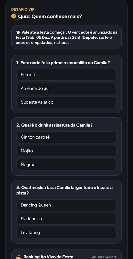 Quiz Quem conhece mais a Camila, com três perguntas e ranking ao vivo