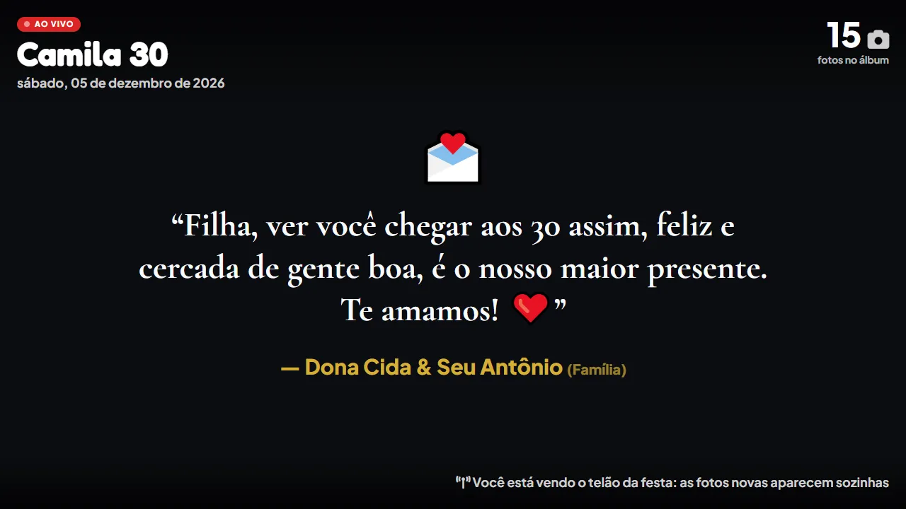Telão mostrando o recado da família: ver você chegar aos 30 assim é o nosso maior presente